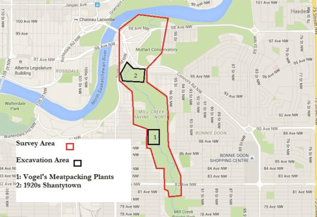 A map of Edmonton south of the river, with Mill Creek Ravine outlined in red.