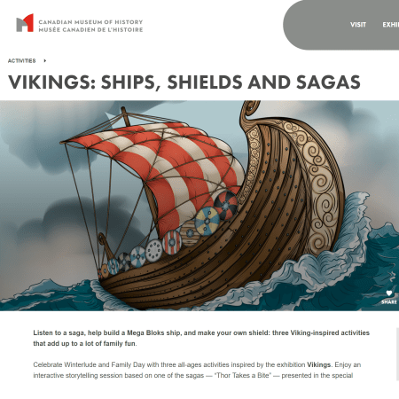 A screenshot of a Viking ship sailing through big waves on the Canadian Museum of History website