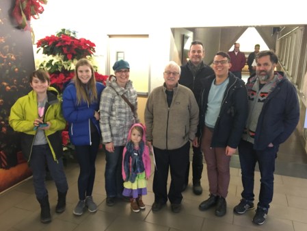 (Left to right): Oliver, Cleo, Nicole, Mae, Ken Tingley, Jason, Chris Chang-Yen Phillips, and Russ Cobb at the Muttart Conservatory.