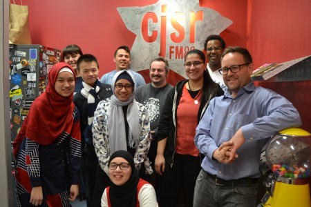 The Climate Change Radio Camp gang (mostly). Back row (left to right): Meagan Miller, Chris Chang-Yen Phillips, Oumar Salifou. Middle row: Mariam Macabanding, Andre Hui, Laila Elbery, Chad Brunet, Sewar Yousef, and Aaron Dublenko. Front row: Nuha Taha.