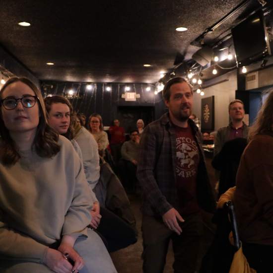 Crowd including Brandi Kueber, Dustin Bajer, Karen Wall (Photo: Trevor Chow-Fraser)