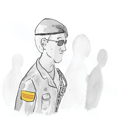 An illustration of an older man wearing an ARVN uniform. The illustration is black and white except for the South Vietnamese flag on his shoulder, which is yellow and red.