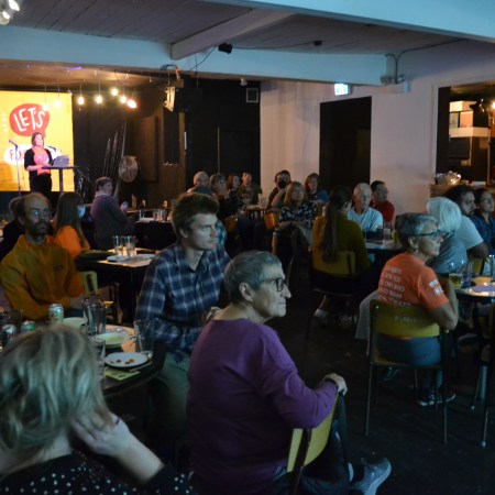 An audience in a dark room looks at a projected image off-screen
