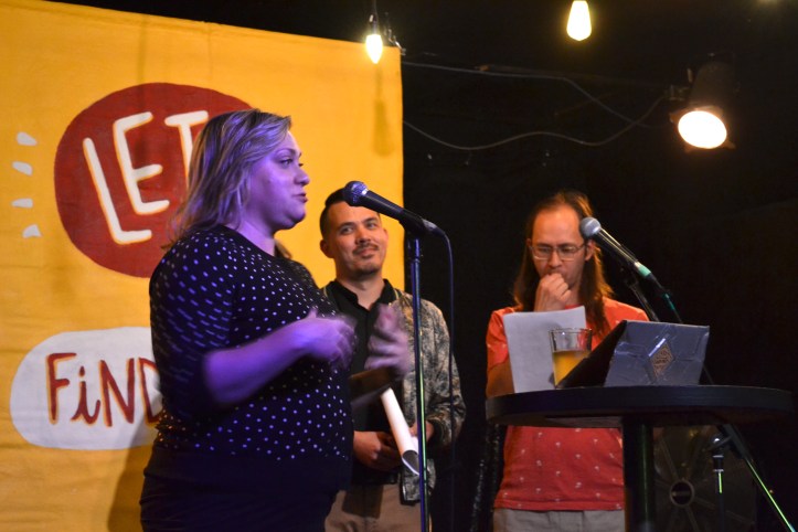 Fawnda Mithrush from the Alberta Podcast Network speaking to the crowd