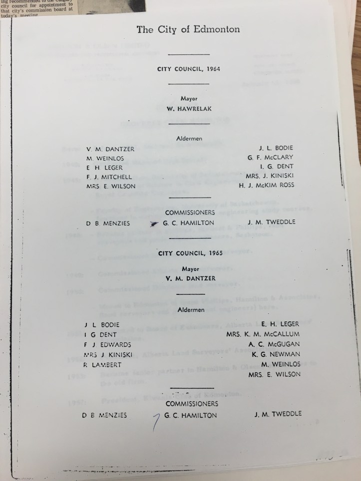 List of City of Edmonton Commissioners in 1965 - Part of Geoff C Hamilton files at City of Edmonton Archives