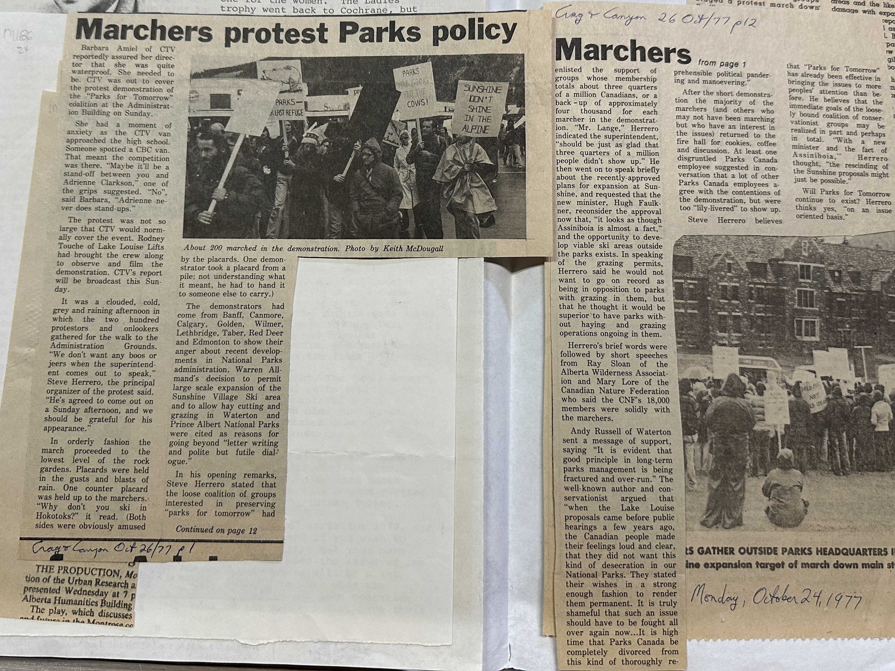 A newspaper article in the Banff Crag & Canyon about the Parks for Tomorrow protest