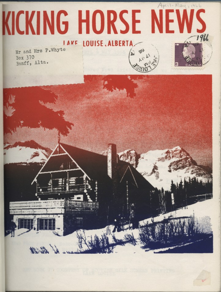 The cover of an issue of the Kicking Horse News. It features a picture of a lodge with mountains behind it. The cover has stamps on it and an address label to Mr and Mrs P Whyte in Banff, Alberta.